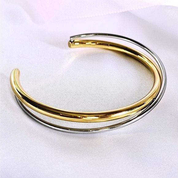 Silver & Gold Two Tone Twisted Open Wrap Cuff Bracelet - Picture 6 of 9